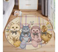 Country Plaid Style Round Rugs 60cm, Light Yellow | Washable Soft Low Pile, Non-shedding, Fox Mouse Hedgehog Circle Area Rug with Non-slip Backing for Kids Bedroom, Playroom and Reading Corner