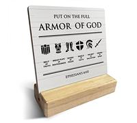 Country Put on the Full Armor of God Bible Verses Wooden Plaque Sign Desk Decor Rustic Motivational Ephesians 6:10 Christian Desk Sign Decor for Home Office 4 x 4 Inches