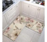 Country Retro Kitchen Rugs and Mats Carpet Standing Mats Washable 2 Pieces Microfiber Non-Slip light pink Rug Set for Kitchen Floor Front of Sink, Hallway, Laundry Room,50x80+50x150cm,Antique Flowers