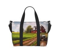 Country Road with Farm and Tractor Water-Resistant Crossbody Travel Bag, Large Carry-On with Adjustable Strap, Multi-Compartment Weekender for Gym, Travel, Outdoor