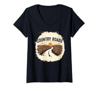 Country Roads Mens Rural Sunset Graphic V-Neck T-Shirt, Women, Black, S