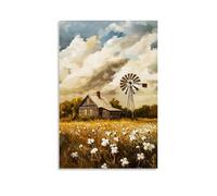 Country Rural Scene Wall Art, Rustic Farm Windmill Flower Field Meadow Painting Artwork Hanging Paintings Poster, Cozy Countryside Decor for Bedroom Living Room Bathroom 16x24inch(40x60cm)