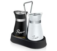 Country Salt and Pepper Shakers Set with Holder, Vintage Glass Black and White Shaker Sets, Stainless Steel Salt and Pepper Shakers, Farmhouse Style Kitchen Decor for Home Restaurant Wedding BBQ Camp