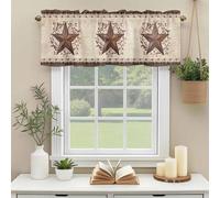 Country Star Valances for Windows, Rust Yellow Stars Berry Linen Texture Plaid Wood Grain Rod Pocket Valance Short Window Treatments Curtains for Kitchen Bathroom Bedroom Decor, 56 x 16 Inches