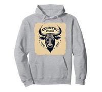 Country Strong Bull Head Rustic Western Ranch Decor Pullover Hoodie, Adult Unisex, Heather Grey, S