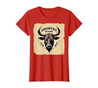 Country Strong Bull Head Rustic Western Ranch Decor T-Shirt, Women, Red, XS