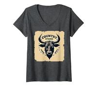 Country Strong Bull Head Rustic Western Ranch Decor V-Neck T-Shirt, Women, Dark Heather Grey, XXL