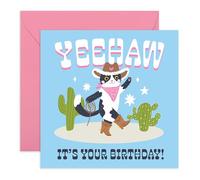 Country Style Birthday Card - 'Yeehaw! It’s Your Birthday!' - Cowboy Cat with Cactus Illustration - Fun Greeting for Friend, Daughter, Sister, Cat Lover, Cowgirl Fan - Includes Fun Stickers