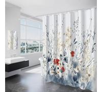 Country Style Flowers Shower Curtain Wet Room Waterproof Anti Mould Proof Fabric Extra Long 180 X 220 Cm Quick Dry Watercolor Plants Print Bathroom Curtains With Hooks Eyelets