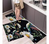 Country style Kitchen Rugs and Mats Carpet Standing Mats Washable 2 Pieces Microfiber Non-Slip Black and green Rug Set for Kitchen Floor Front of Sink, Hallway,40x60+40x120cm,Hummingbird Daisy