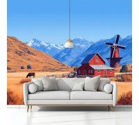 Country Style Mountains Barn Windmill Non-Woven Wallpaper 400 x 280 cm Bedroom Wall Mural, Blue Photo Wallpaper Poster Wall Covering, for Children’s Room Home Restaurant Living Room Hallway