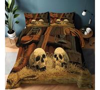 Country Style Old Barn Skull Cowboy Boots Quilted Coverless Duvet Single Cooling Comforter Bedspread, Brown Soft Quilted Duvet Set 135 x 200 cm with Pillowcases Lightweight Easy Care Quilted Bedspread