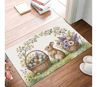 Country Style Rabbit Flowers Entryway Rug Indoor Door Mat, Small Washable Area Rug For Kitchen, Spring Animals Low Pile Non-Slip Bedroom Carpet For Front Door Welcome Mat, 80X120Cm, Sage Green