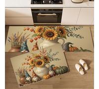 Country Thanksgiving Theme Kitchen Mat Sets Non Slip Washable, 2 Pcs Kitchen Rugs And Mats, Vintage Sunflower Pumpkin Anti Fatigue Rug Floor Sets For Office Standing Desk, Brown, 43X75Cm+43X150Cm