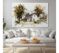Country Vintage Architecture Stone Trees Modern Framed Canvas Wall Art 100L x 75W cm, Sandstone Large Giclee Prints Ready to Hang for Living Room Bedroom Office Decor - Wrapped Wood Frame