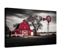 Country Wall Art Large Farmhouse Old Red Barn Canvas Picture Wood Artwork for Home Rustic Farm Scene Windmill Painting Bedroom Living Room Black and White Nature Country Landscape Wall Decor 24x36"