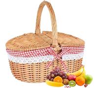 Country Wicker Picnic Basket,Red Hamper Wicker Willow Child's Lined Oval Lidded Picnic Basket with Lid and Handle and Liners for Picnics, Parties and BBQs (Small Liner)