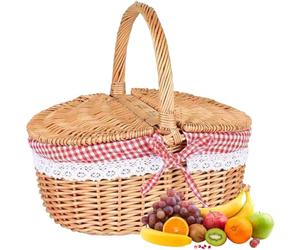 Country Wicker Picnic Basket,Red Hamper Wicker Willow Child's Lined Oval Lidded Picnic Basket with Lid and Handle and Liners for Picnics, Parties and BBQs (Small Liner)