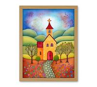 Countryside Chapel Spring Landscape Folk Art Watercolour Painting Artwork Framed Wall Art Print 18X24 Inch