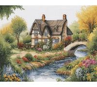 Countryside Cottage Scene 11ct Counted Cross Stitch Stamped Pre Printed Cross Stitch Embroidery Kits for Adults Starter DIY Embroidery Needlework Kit with Patterns 55×45cm(s-i18)