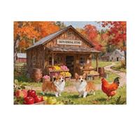 Countryside Fall Farm 500 Piece Puzzle for Adults, Corgi and Rooster Autumn Scene, Cozy Rustic Landscape Jigsaw for Seniors, Fun Family Game, 20.5x15 in
