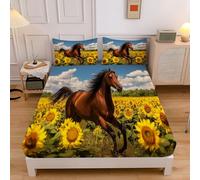 Countryside Flora Fauna Single Fitted Sheet, 3D Brown Horse Sunflowers Fitted Sheet Single Bed,Deep Pocket 12 inch (30 cm), Soft Microfibre Fabric, Shrinkage and Fade Resistant 90x190cm Bedding