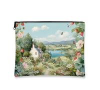 Countryside Floral Makeup Bag, Vintage Cottage Landscape Cosmetic Travel Pouch for Women, Portable Small Canvas Zipper Organizer, Perfect for Spring Festivals, Skincare Storage, light blue, 7x9 Inch