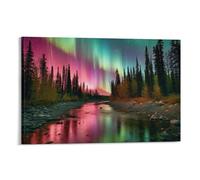Countryside Northern Lights Canvas Wall Decor Colorful Aurora Lakeside Forest Poster Wall Art for Living Room Bedroom Artwork