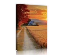 Countryside Sunset Canvas Prints Painting Wheat Field Red Maple Tree Cabin Wall Art Posters for Living Room Bedroom Home Wall Decor 50x70cm Innerframe