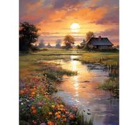 Countryside Sunset Stamped Cross Stitch Kits - Scenery Needlepoint Counted Cross Stitch Kits for Beginners Adults Riverside Cabin Patterns Crossstitching Dimensions Embroidery Kits Arts and Crafts