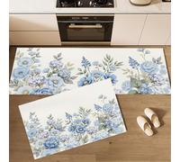 Countryside Watercolor Flowerbeds Kitchen Mat Sets Non Slip Washable, 2 Pcs Kitchen Rugs And Mats, Plant Landscape Anti Fatigue Rug Floor Sets For Office Standing Desk, Blue White, 50X80Cm+50X150Cm