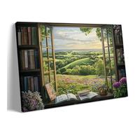 Countryside Window View Canvas Wall Art, Rustic Landscape Painting, Framed Nature Print for Living Room or Reading Corner Wall Decor 40x50cm Frame