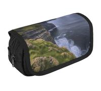 County Clare The Cliffs Pencil Case Organizer Large Capacity Cute Pen Pouch with 3 Compartment Office Stationery Large Pencil Bags with Zipper Fabric Pen Bag for Adults Portable Makeup Bag (Black)