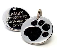 County Engraving Engraved 23mm Glitter Paw Print Dog Pet ID Tag Disc. (Black)