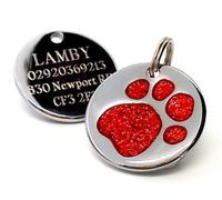 County Engraving Engraved 25mm Glitter Paw Print Dog Pet ID Tag Disc. (Red)