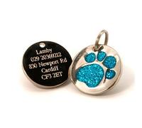 County Engraving Personalised Engraved 25mm Light Blue Glitter Paw Print Dog Pet ID Tag Disc.