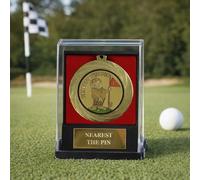 County Engraving Personalised Longest Drive, Nearest The Pin Or Lost Balls Large 70mm Golf Medal With Display storage Case Engraved With Any Text (Gold)