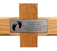 County Engraving Personalised Memorial Cross Solid Oak Wooden Grave Marker With Ground Stake - Enter Your Own Custom Text (Baby Feet)