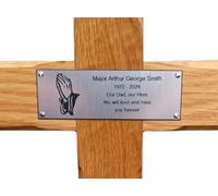 County Engraving Personalised Memorial Cross Solid Oak Wooden Grave Marker With Ground Stake - Enter Your Own Custom Text (Praying Hands)