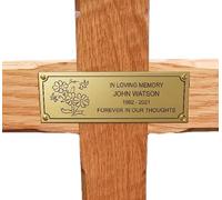 County Engraving Personalised Memorial Cross Solid Oak Wooden Grave Marker With Ground Stake - Enter Your Own Custom Text (Flowers)