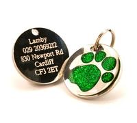County EngravingPersonalised Engraved 25mm Green Glitter Paw Print Dog Pet ID Tag Disc.