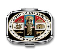 County of Los Angeles Pill Box 2-Compartment Portable Pill Case Square Metal Medication Organizer Small Weekly Medication Case with Mirror Stylish Vitamin Holder for Purse Pocket Travel