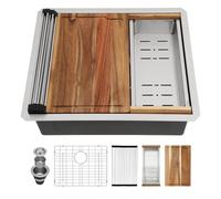 Couoko 23x19 Inch Undermount Kitchen Workstation Sink - 16 Gauge 304 Stainless Steel Single Bowl With Ledge - Deep Handmade RV Bar Sink