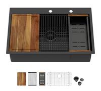 Couoko 33x22 Black Drop In Kitchen Sink Workstation with Accessories
