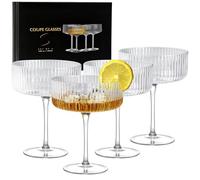 Coupe Glasses Set of 4, 10 oz Ribbed Martini Glass, Hand Blown Drinking Glasses Set Pefect for Espresso Martini, Manhattan, Cocktail, Champagne