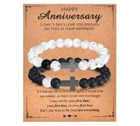 Couple Bracelets Gifts for Couples with Sweet Message Card, Cross Charm Long Distance Touch Bracelets, Natural Bead Bracelets for Girlfriend Boyfriend Husband Wife Anniversary Valentines Day Gifts