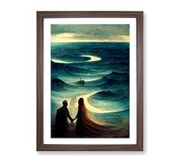 Couple By The Ocean Framed Print | A3 Walnut Framed Wall Art | Ready to Hang | Modern Nautical Picture | Living Room Bedroom Lounge Office