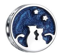 Couple Cat Charms Under Starry Night Sky, fit Pandora Valentines Day Bracelet, 925 Sterling Silver Blue Enamel Lover Kitten I Love You to the Moon and Back Beads, Gift for Wife/Girl/Bride