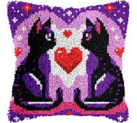 Couple Cats Valentine Latch Hook Kits for Adults Kids Beginners Cute Animals Latch Hook Pillow Kit Pre-Printed Latch Hook Rug Kits Cross-Stitch Embroidery Cushion for Home Sofa Decoration 17x17 in.