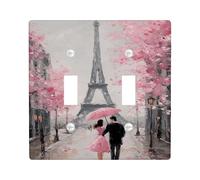 Couple Double Light Switch Cover Plate, Romantic Impressionist Paris Tower Cherries Blossoms Spring Peach Plastic Standard Size Toggle Light Switch Cover for New Apartment Home Bedroom Office Decor